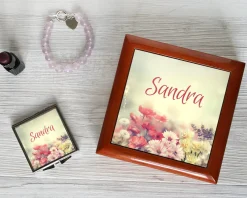 Boite à bijoux et Miroir de sac Fleurs|Cadeaux.com