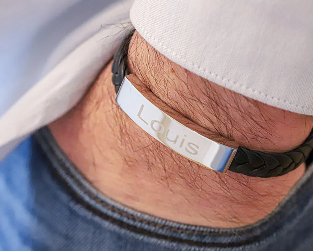 Bracelet gravé Homme en Acier et Cuir Tressé|Cadeaux.com New