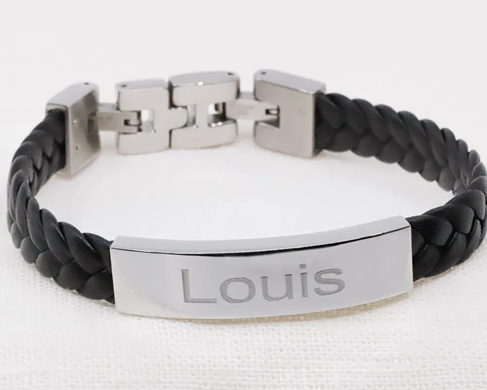 Bracelet gravé Homme en Acier et Cuir Tressé|Cadeaux.com New