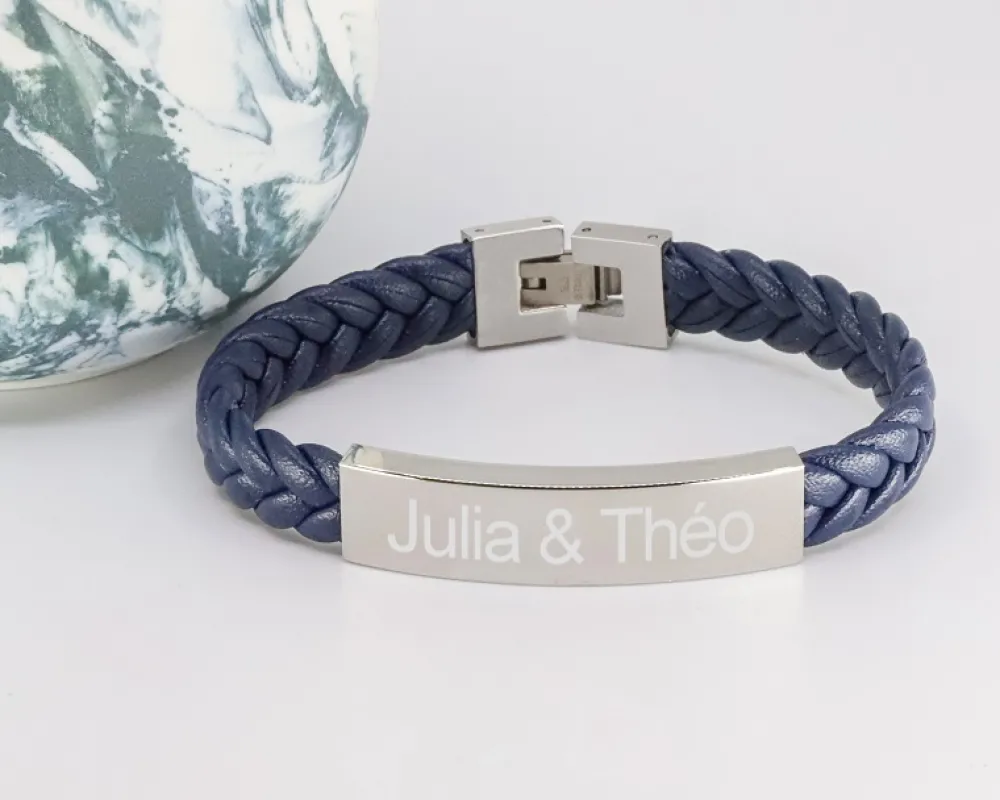 Bracelet gravé Homme en Acier et Cuir Tressé|Cadeaux.com New
